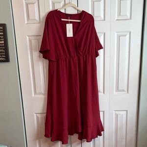 NWT BloomChic Wine Red V-Neck Ruffle Maxi Dress